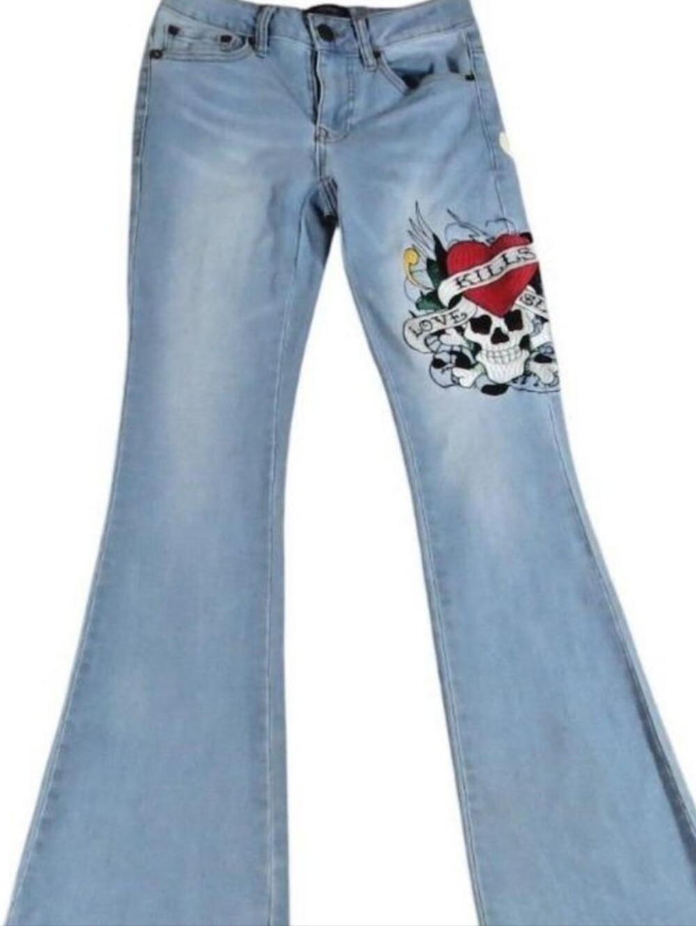 Ed Hardy Light Blue Flare Jeans with Tattoo Skull Graphic